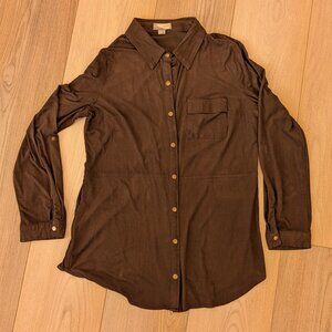 Women's Size L Brown Faux Suede Long Sleeved Tunic Snap Front Shirt